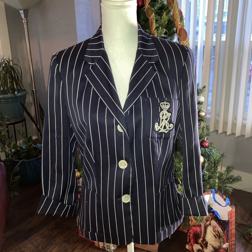 Ralph Lauren Navy Pinstripe Blazer with White Stripe & Embroidered Crest
